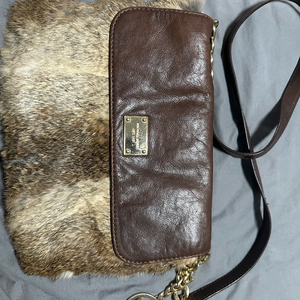 Michael Kors Brown Leather and Fur Crossbody Bag
